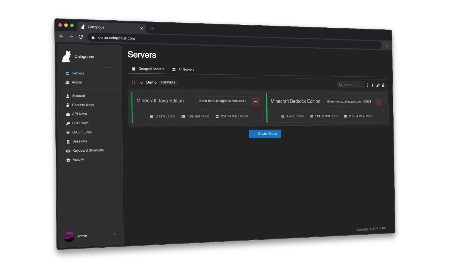 Calagopus-Dashboard mit zwei verwalteten Minecraft-Servern