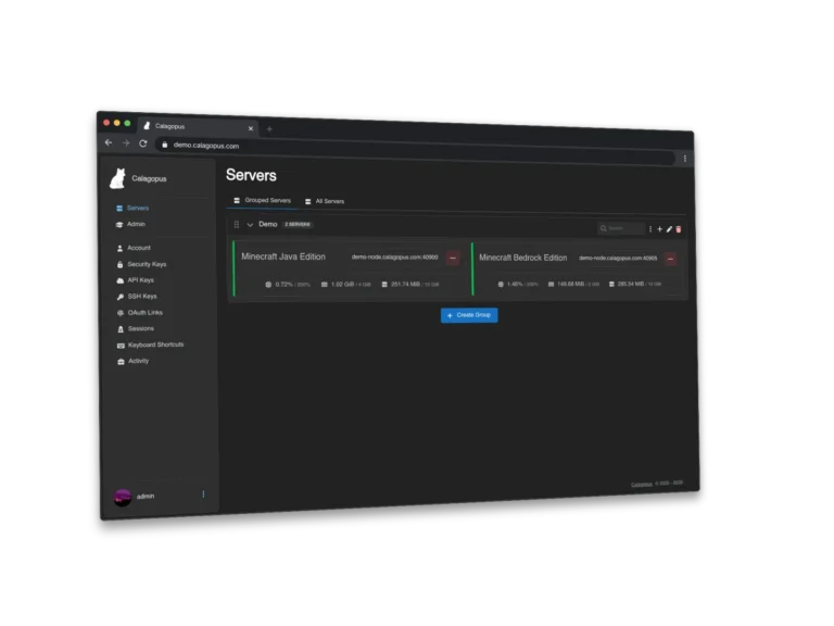 Calagopus-Dashboard mit zwei verwalteten Minecraft-Servern