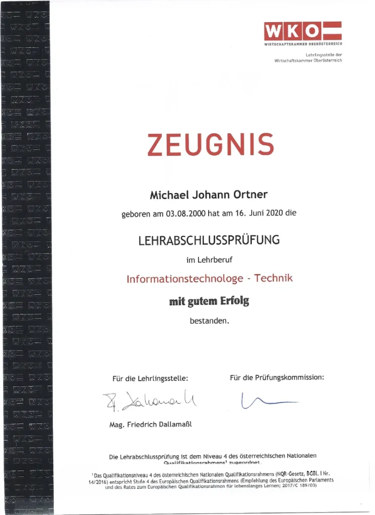 Zeugnis – Lehrabschlussprüfung