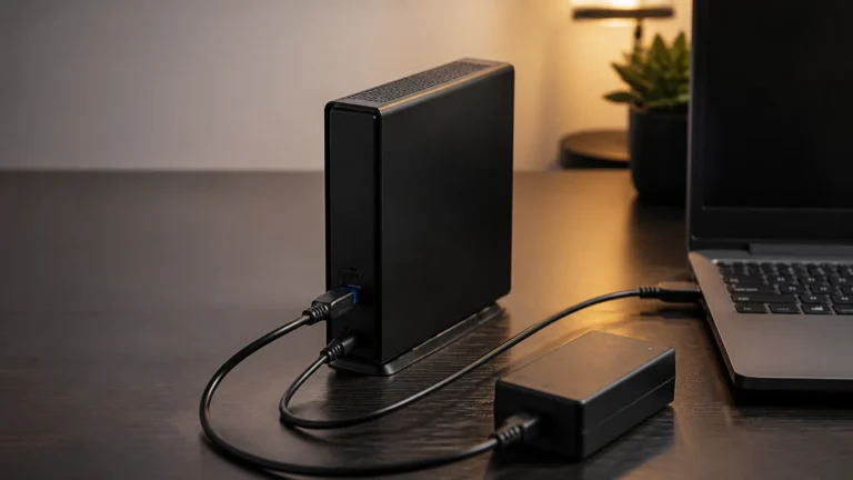 Schwarze externe Desktop-Festplatte mit USB-Kabel und separatem Netzteil neben einem Laptop